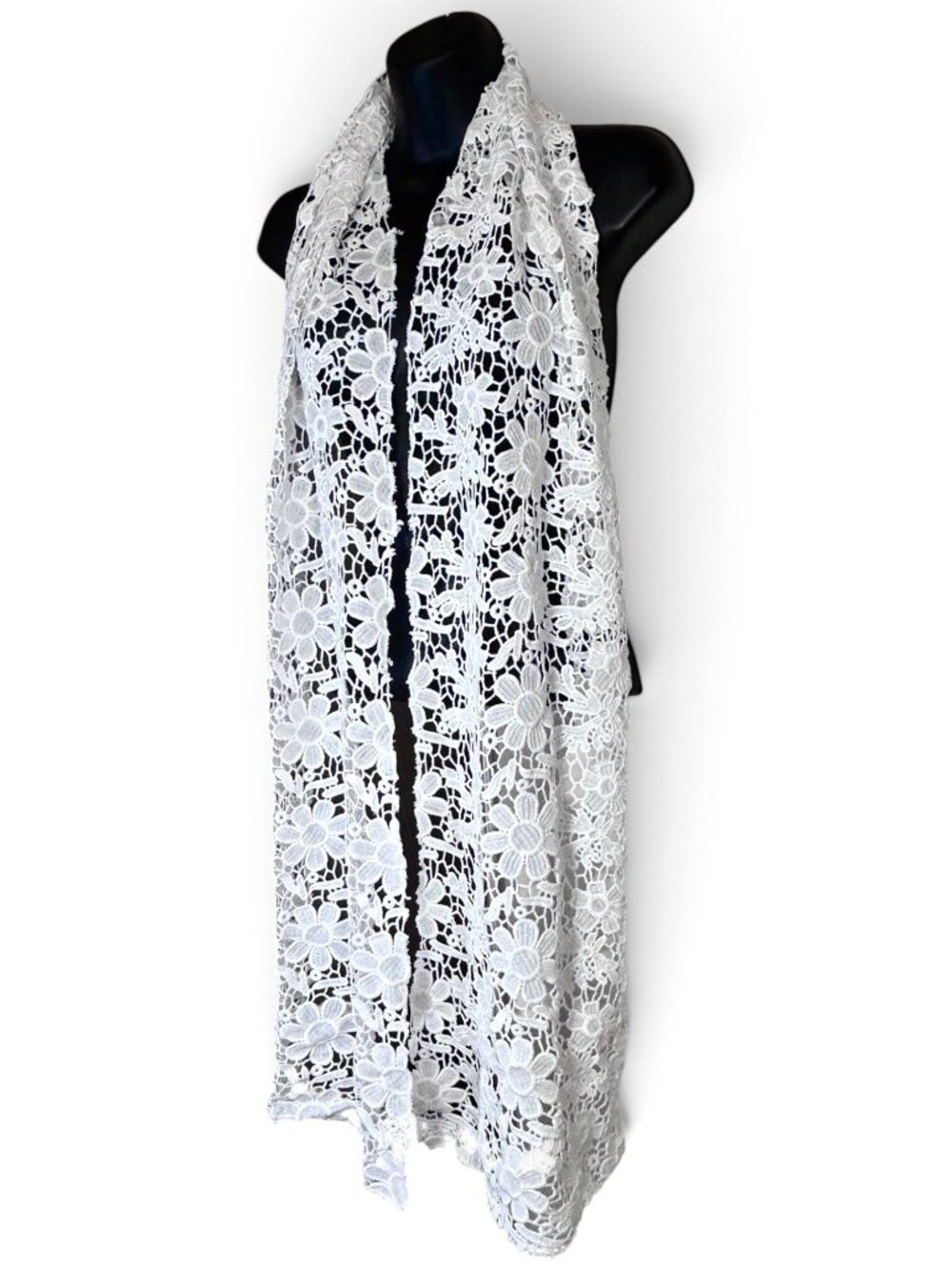 White Floral Crochet Knit Scarf/Sarong/Belt Customizable Styling Cotton Blend
